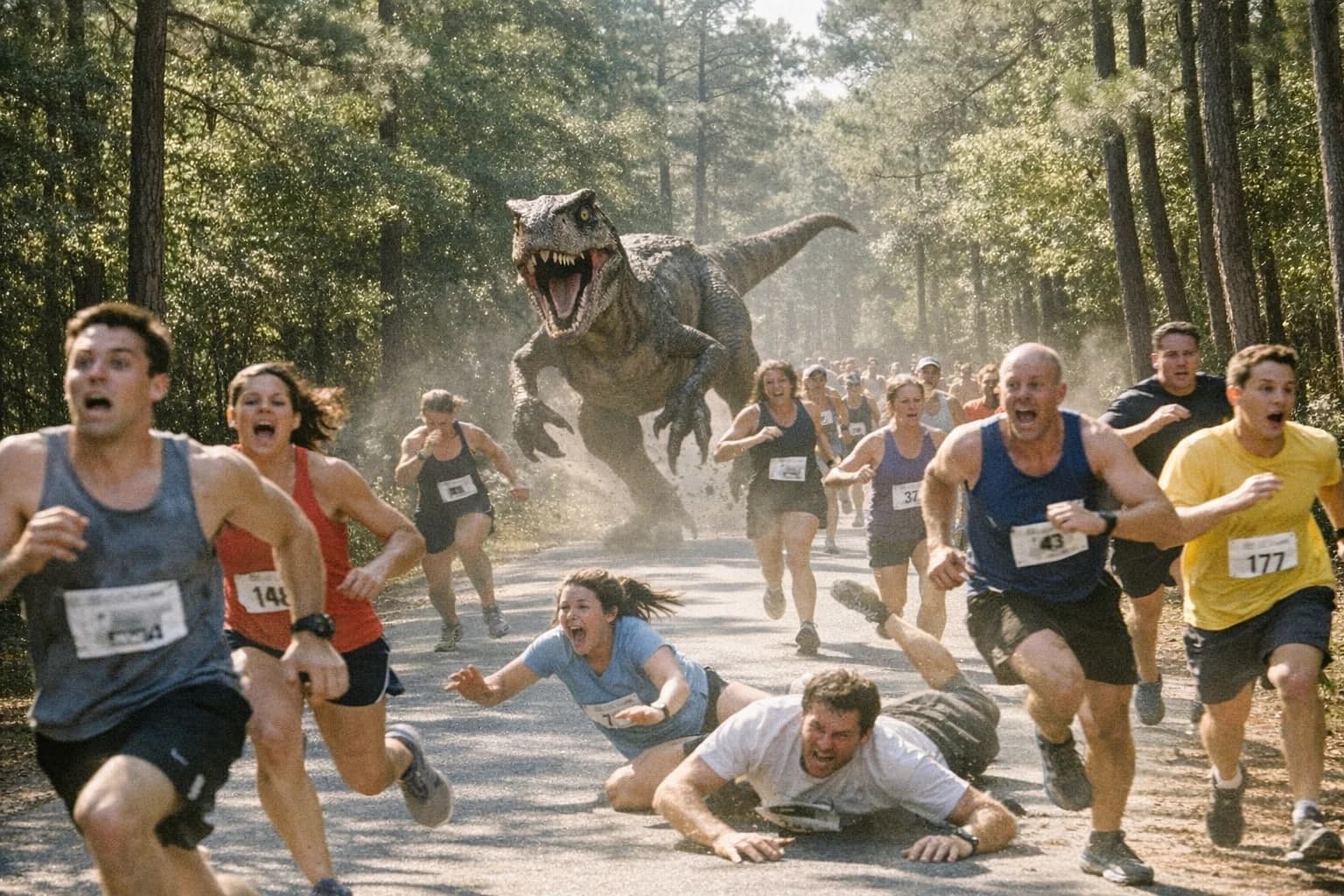 Runners flee along a wooded trail at the Anniston Museum Raptor Run 5K