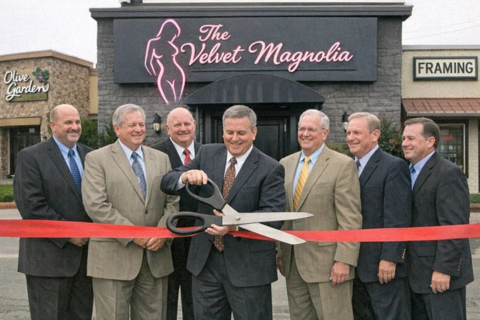 A ribbon-cutting ceremony in front of The Velvet Magnolia gentleman's club. A man in a suit holds oversized scissors.