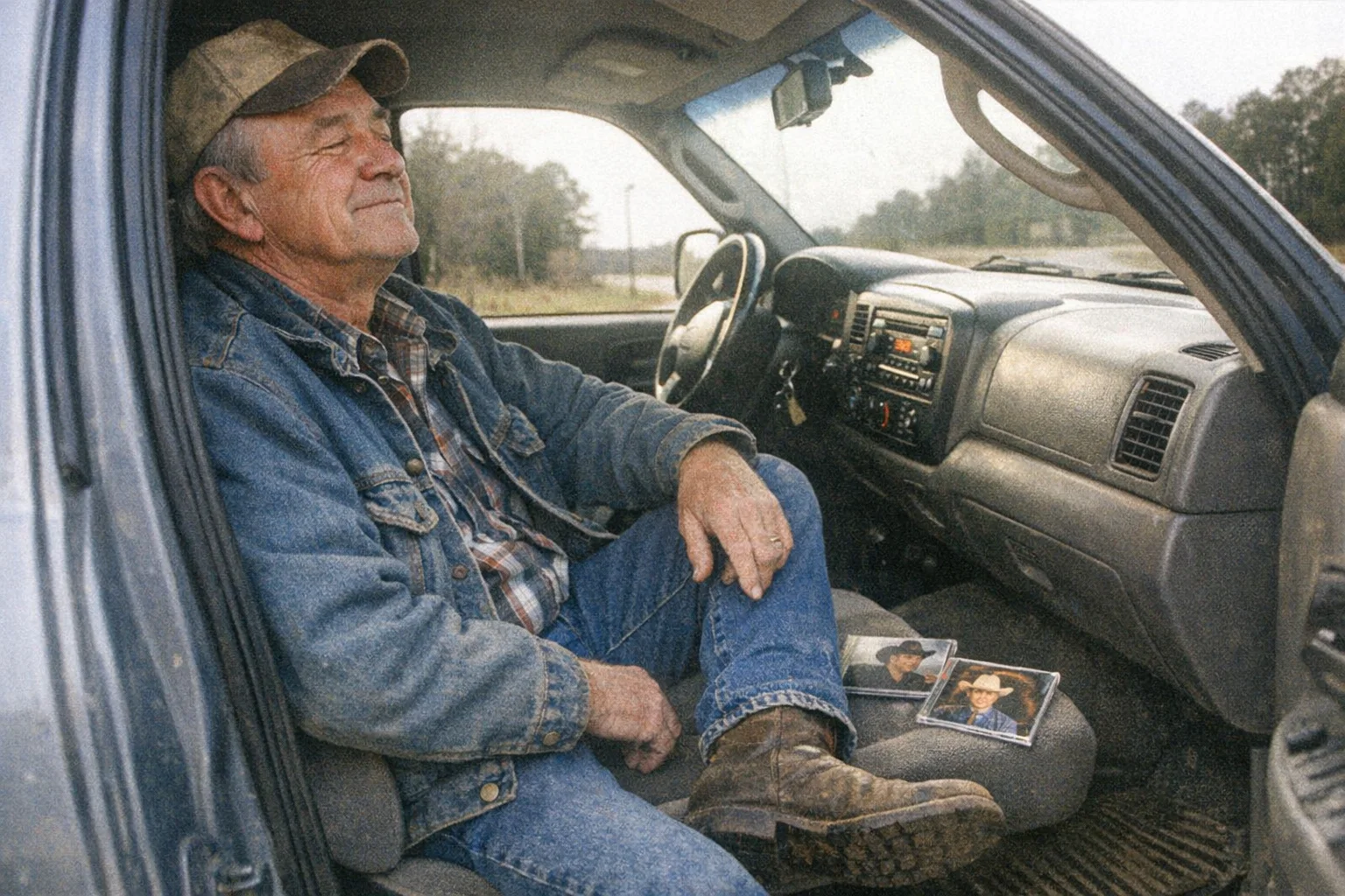 Man in truck cab listens to country music. Two CDs on the seat beside him. He has the expression of a man who already knows the words.