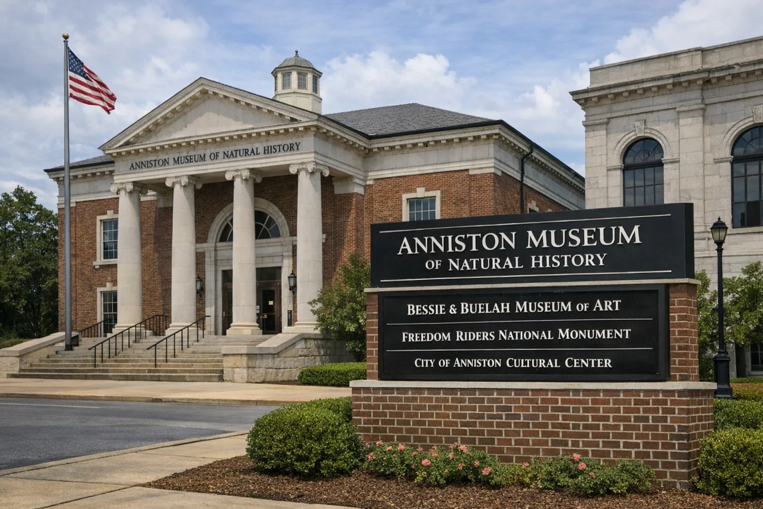 Exterior of a natural history museum. Blue sky. One car in the parking lot. Sign reads 'Anniston Muzeum of Natrul History.'