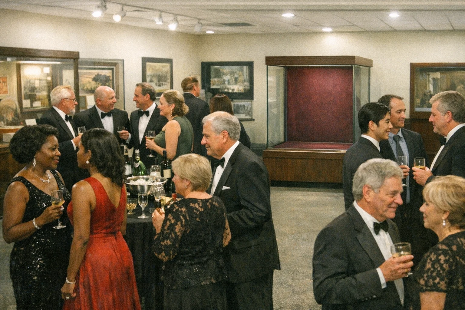Berman Museum Patrons' Gala, formal attire, diverse crowd. One display case in background stands empty.