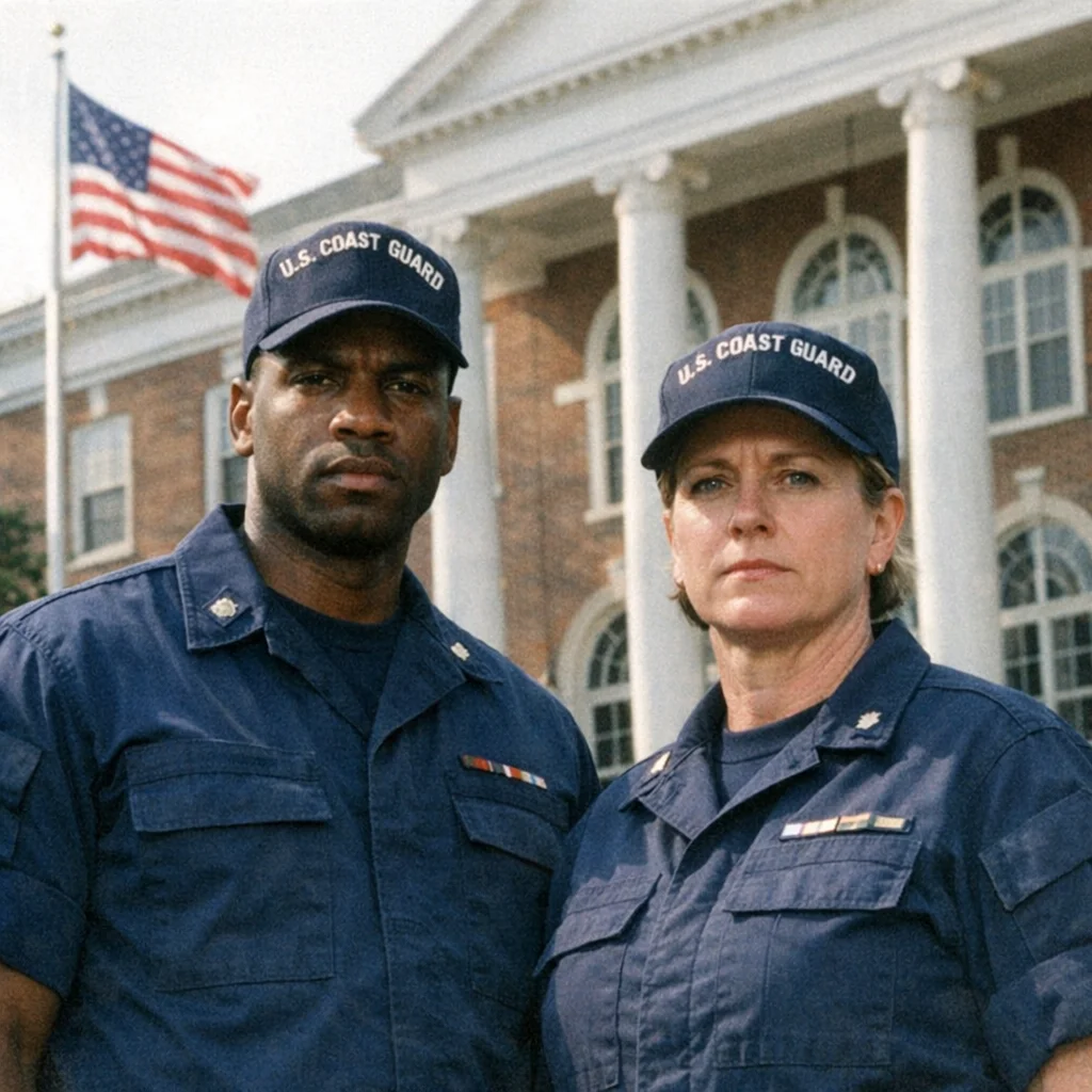 Two Coast Guard personnel in uniform standing in front of a red-brick Georgian revival college building. The building has white columns and appears well-maintained. Afternoon light. Neither officer is smiling.