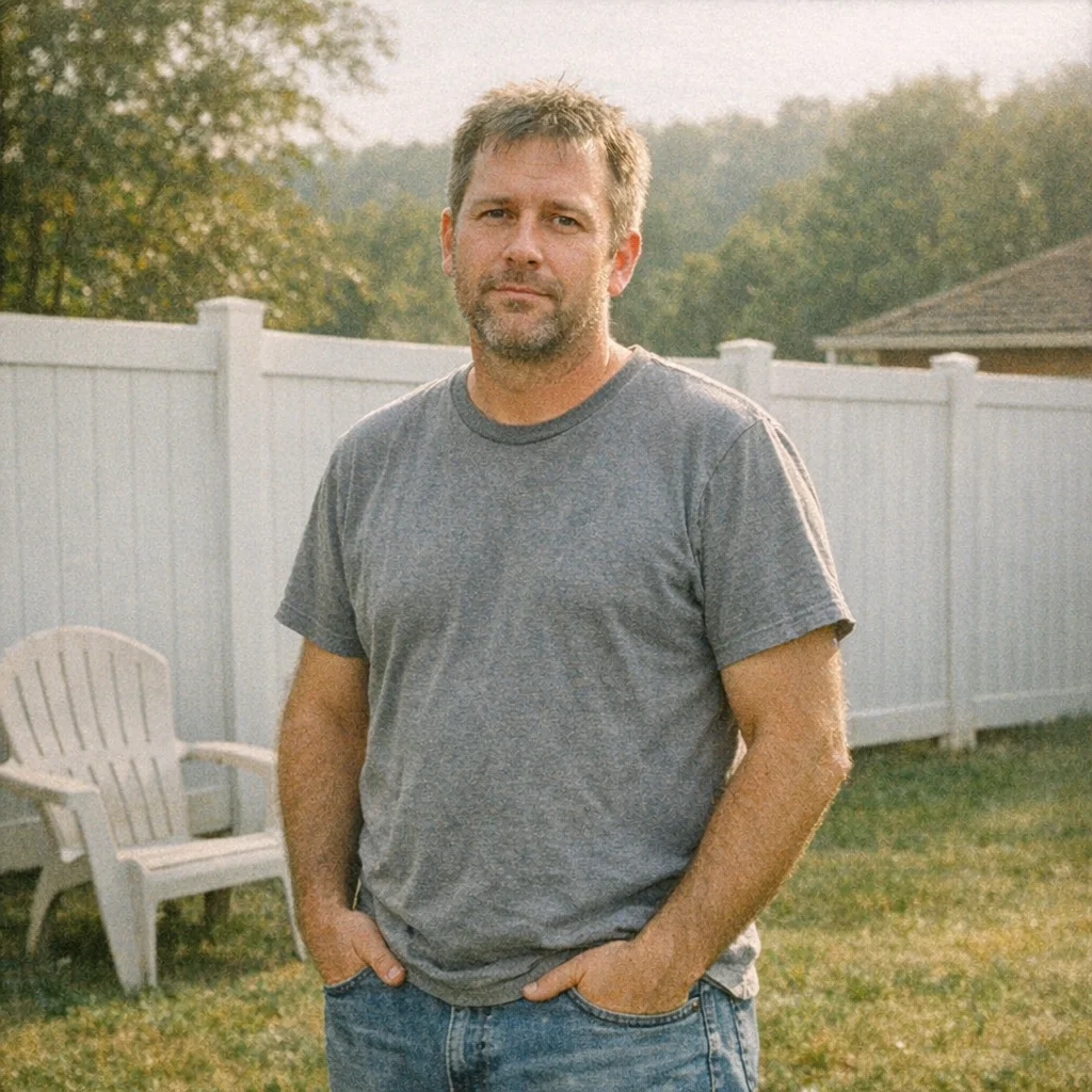 Man standing in suburban backyard with vinyl fence and lawn chair, Ohatchee, Alabama
