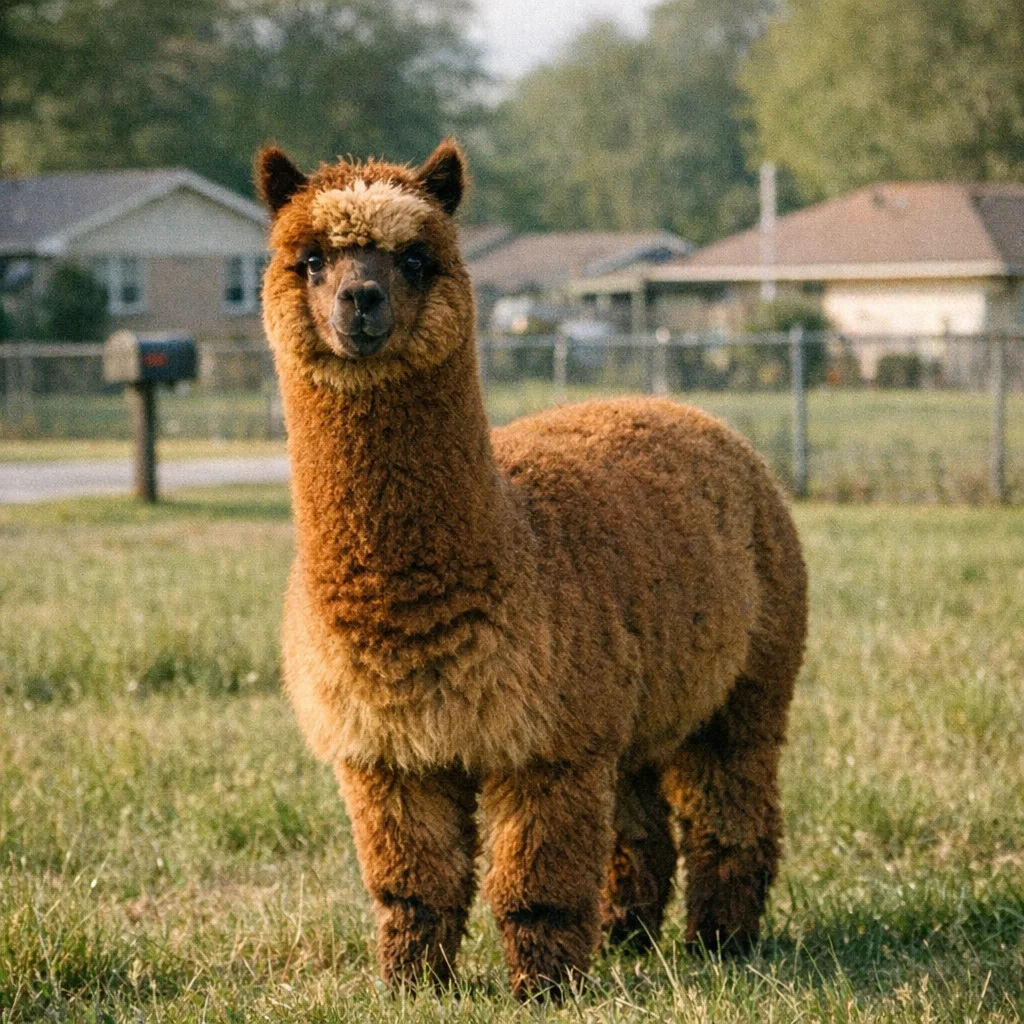 A brown alpaca standing in a grassy field, looking directly at the camera. A suburban Alabama neighborhood is visible in the soft background. The alpaca appears calm.