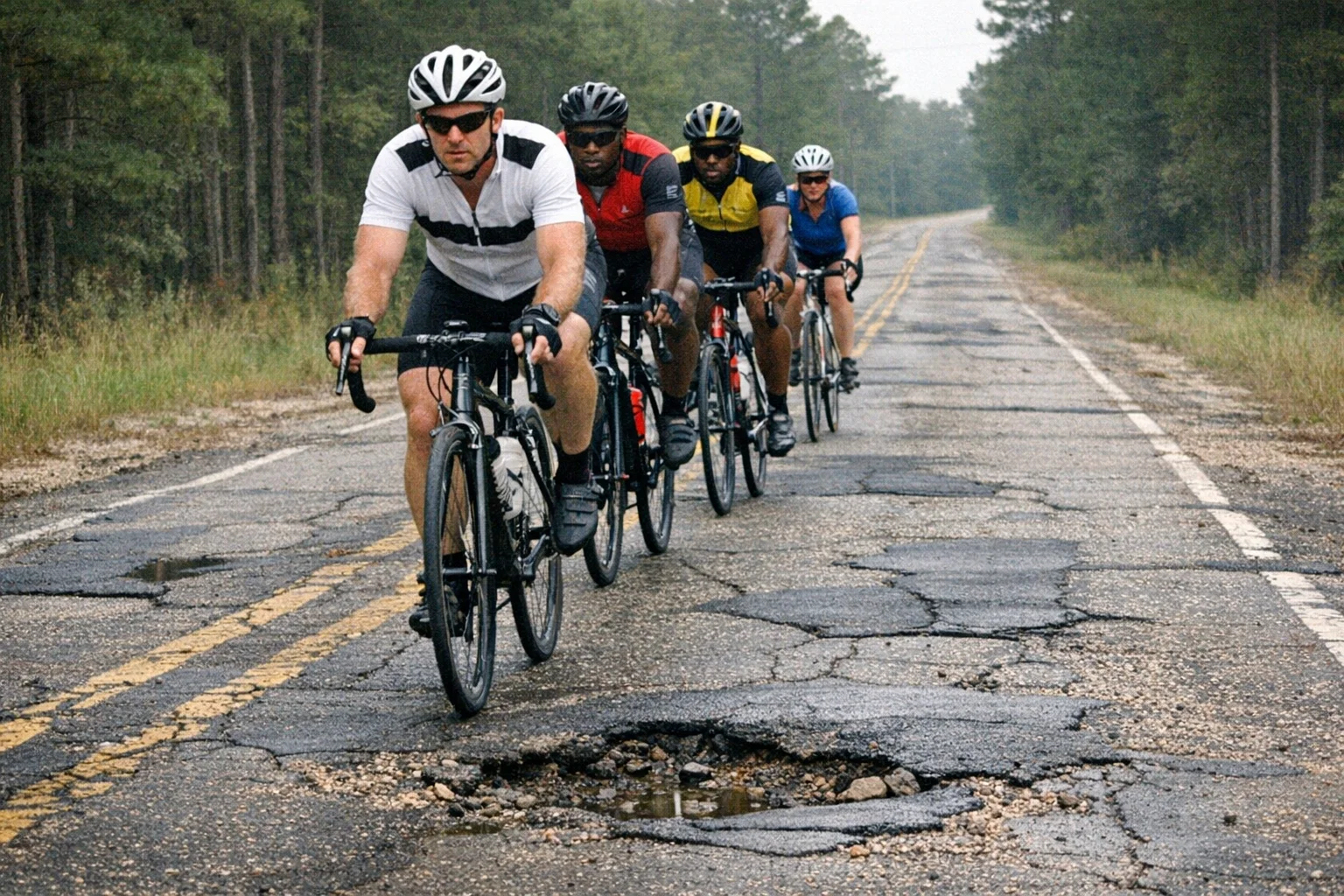 Cyclists navigate deteriorating pavement on a rural Alabama two-lane road, County Road 24, Cleburne County