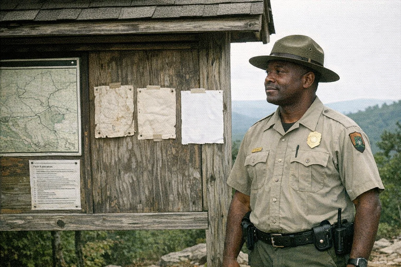 Park ranger at Cheaha State Park trailhead kiosk. Three missing person flyers visible behind him. He is not looking at them.