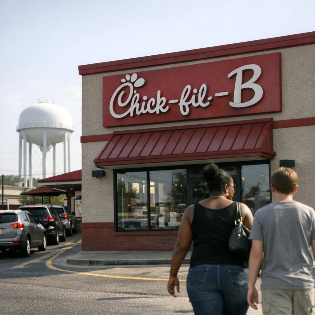 Chick-fil-B restaurant exterior with drive-through line extending to the street. City of Oxford water tower visible in background.