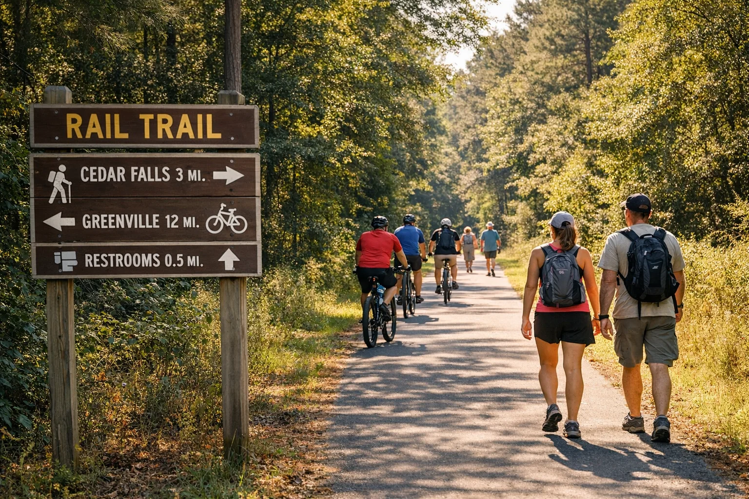 Paved trail disappearing into pine forest. Small informational sign at the trailhead. No one visible on the trail.