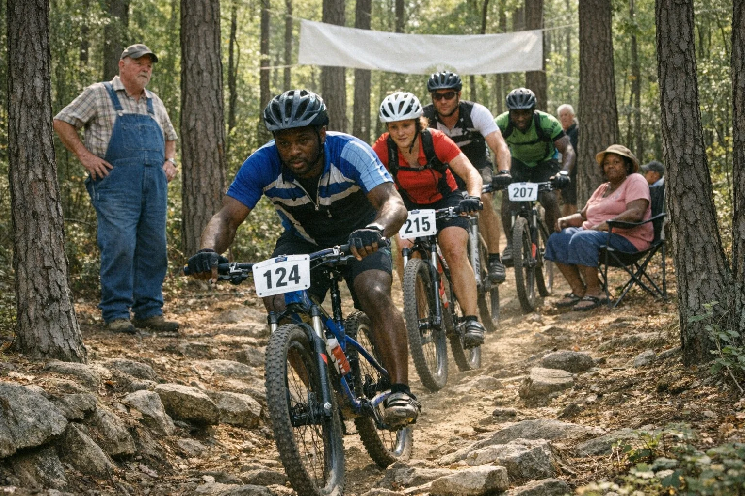 Mountain bikers on Coldwater Mountain singletrack. Local spectators watch from the tree line. Their expressions are polite.