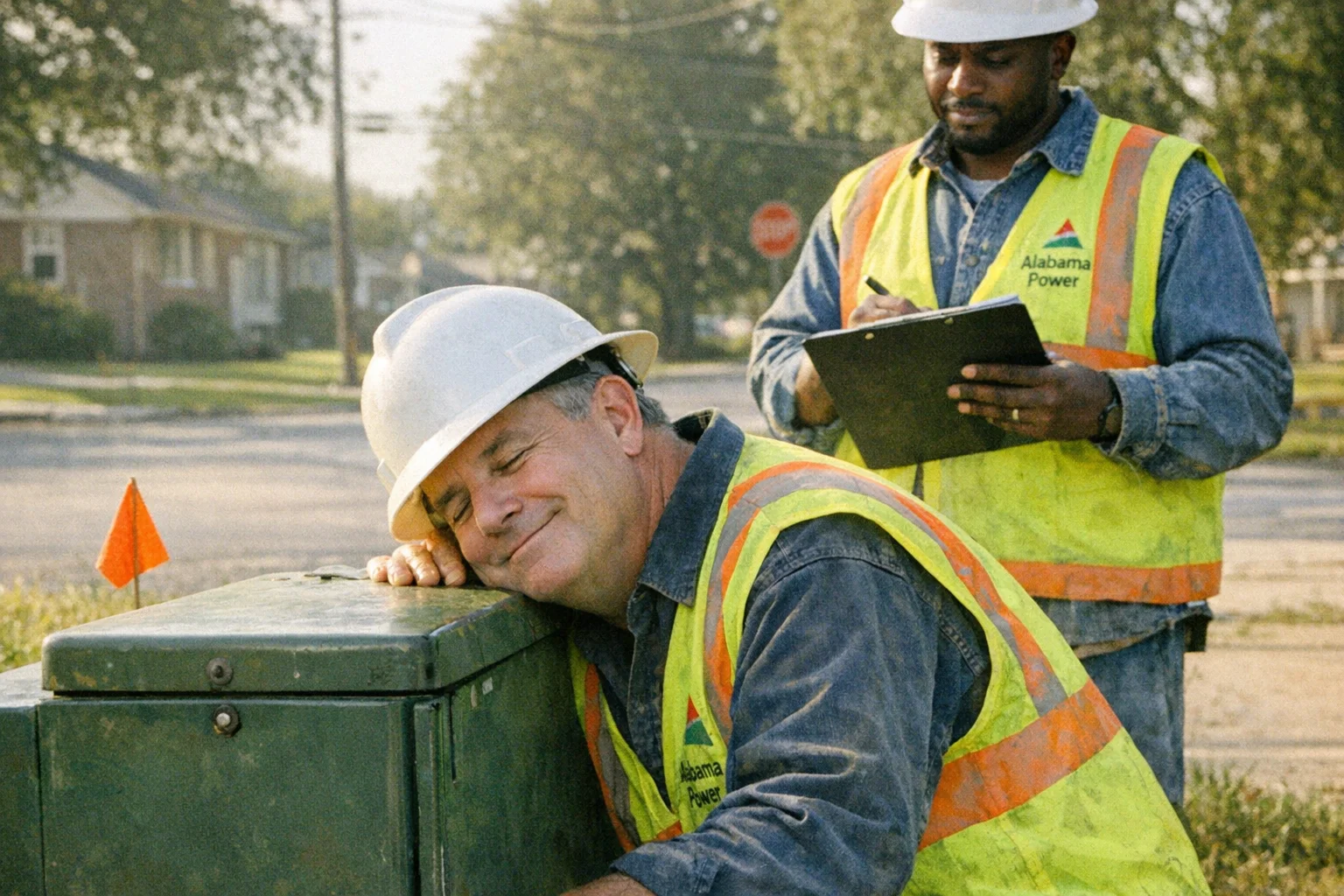Alabama Power technician listens to contented underground transformer near Fort McClellan. Colleague consults clipboard.