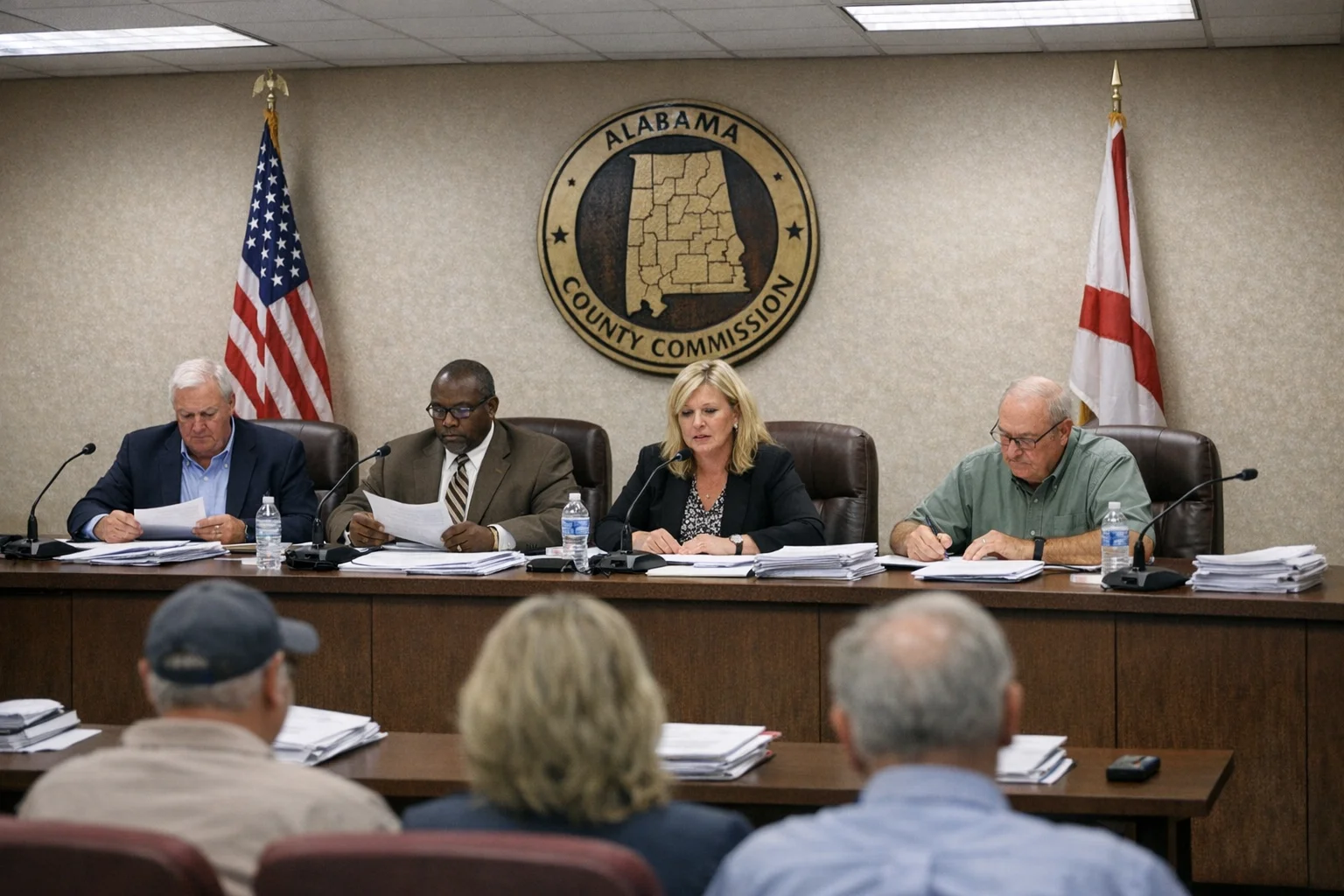 County commission meeting room, wooden dais, American flag, overhead fluorescent lights. Seven empty chairs. One name placard visible: COMMISSIONER DALE.