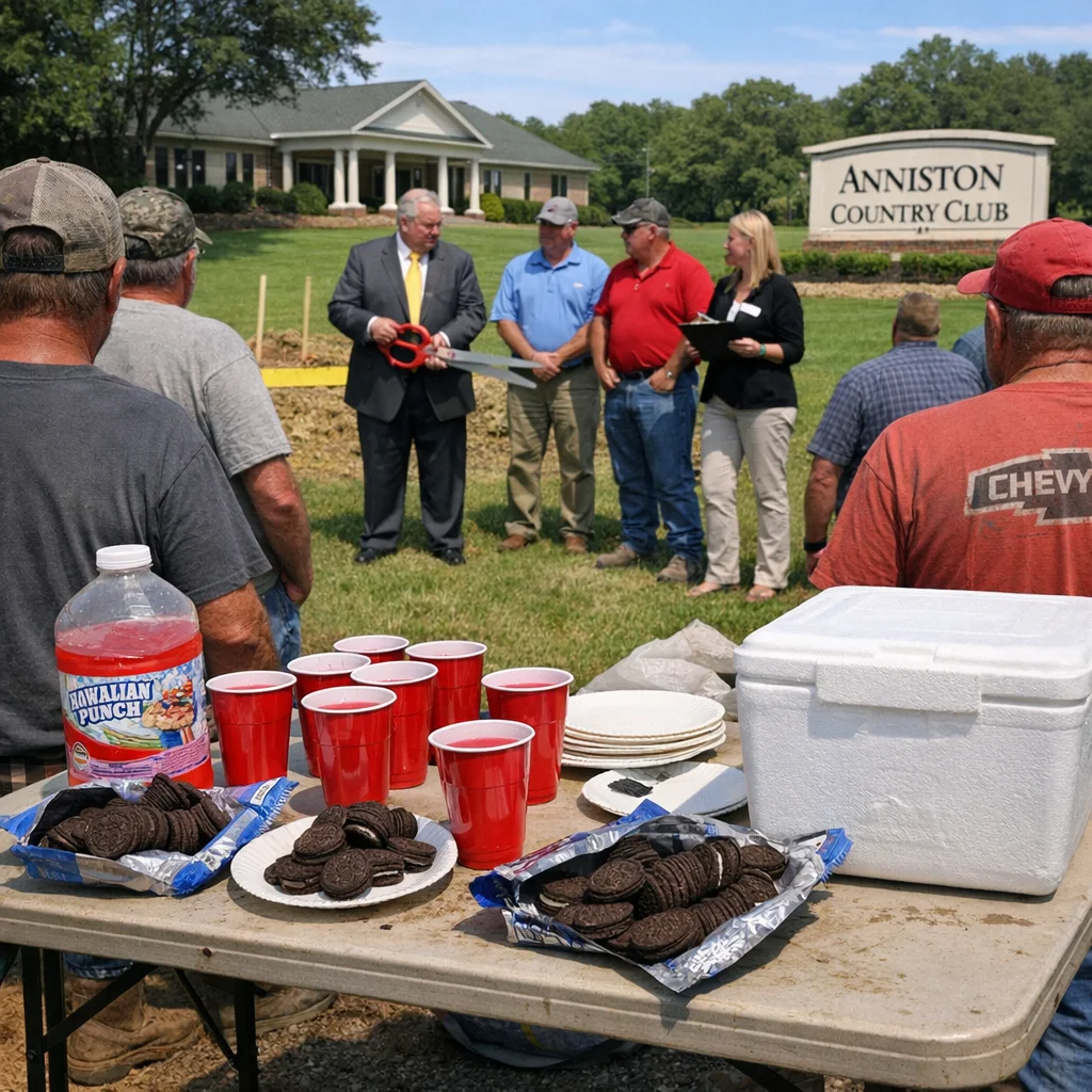 Folding table with Hawaiian Punch and off-brand cookies at the Dollar General groundbreaking, Anniston Country Club visible in the background
