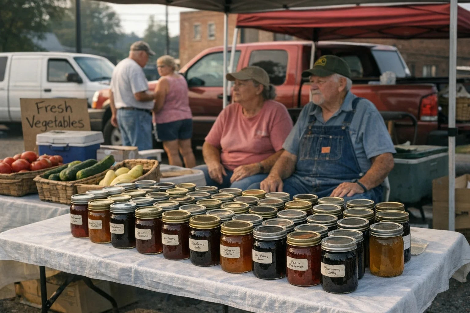 Outdoor farmers market, white tent canopies, folding tables with produce and jars. Sign: NOBLE STREET PARK. A Black woman browses a produce table. A white vendor pours coffee. One table in background is entirely jam.