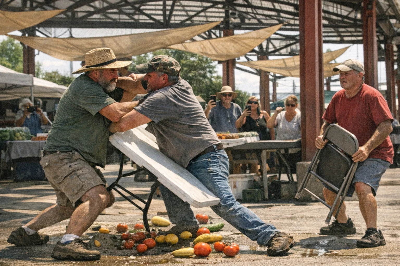 Two vendors grapple over a folding table at the Downtown Anniston City Market while a third man holds a folding chair and onlookers photograph the scene