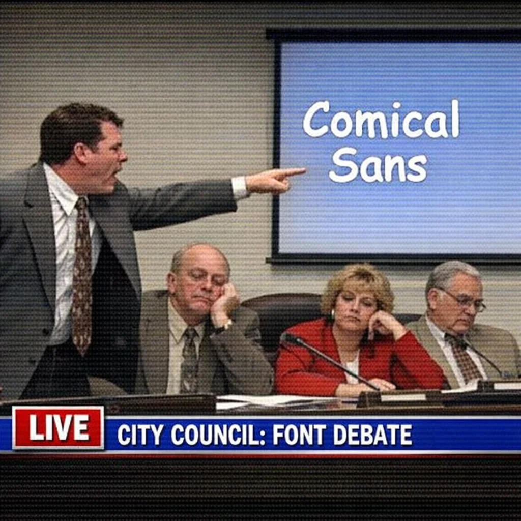 A grainy, C-SPAN style photograph of a city council meeting. A councilman is passionately pointing at a projector screen that reads 'Comical Sans' while a news banner at the bottom reads 'CITY COUNCIL: FONT DEBATE'.