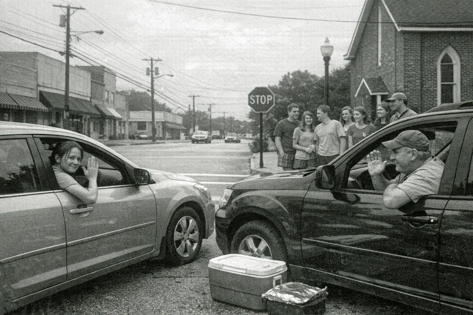 Two cars facing each other at a quiet downtown Gadsden intersection. Both drivers are slightly leaned forward, one hand half-raised in a polite wave, expressions frozen in genuine uncertainty. A church youth group with potato salad has gathered on the sidewalk.