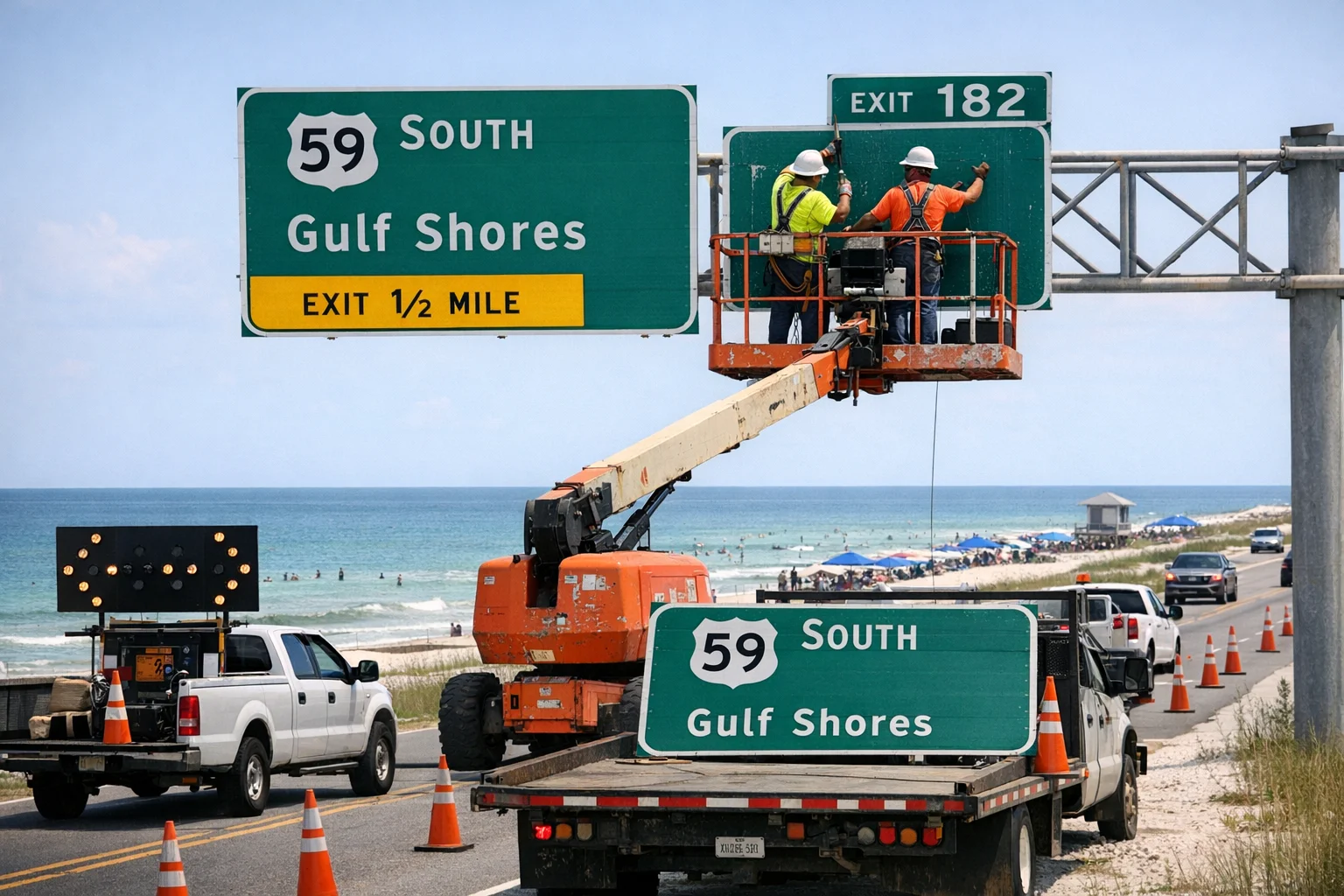 Highway sign along a flat coastal Alabama road, partially covered with white painter's tape. Beneath the tape, the words 'Gulf of Mexico' are visible at the edge. Someone has written 'Gulf of America' on the tape in black marker. Blue sky overhead.