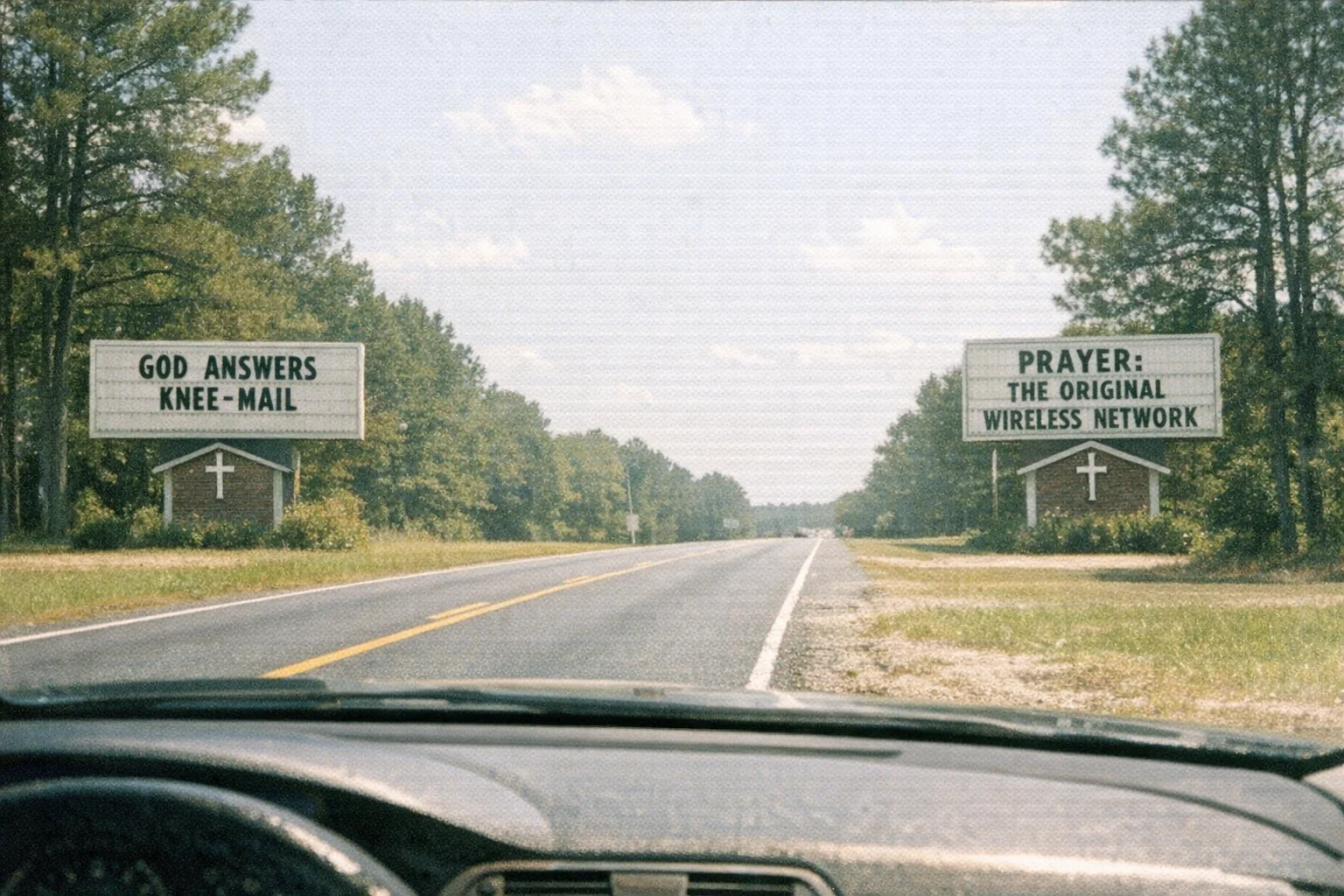 Two church marquees on Alabama Highway 21 exchange messages visible through a car windshield