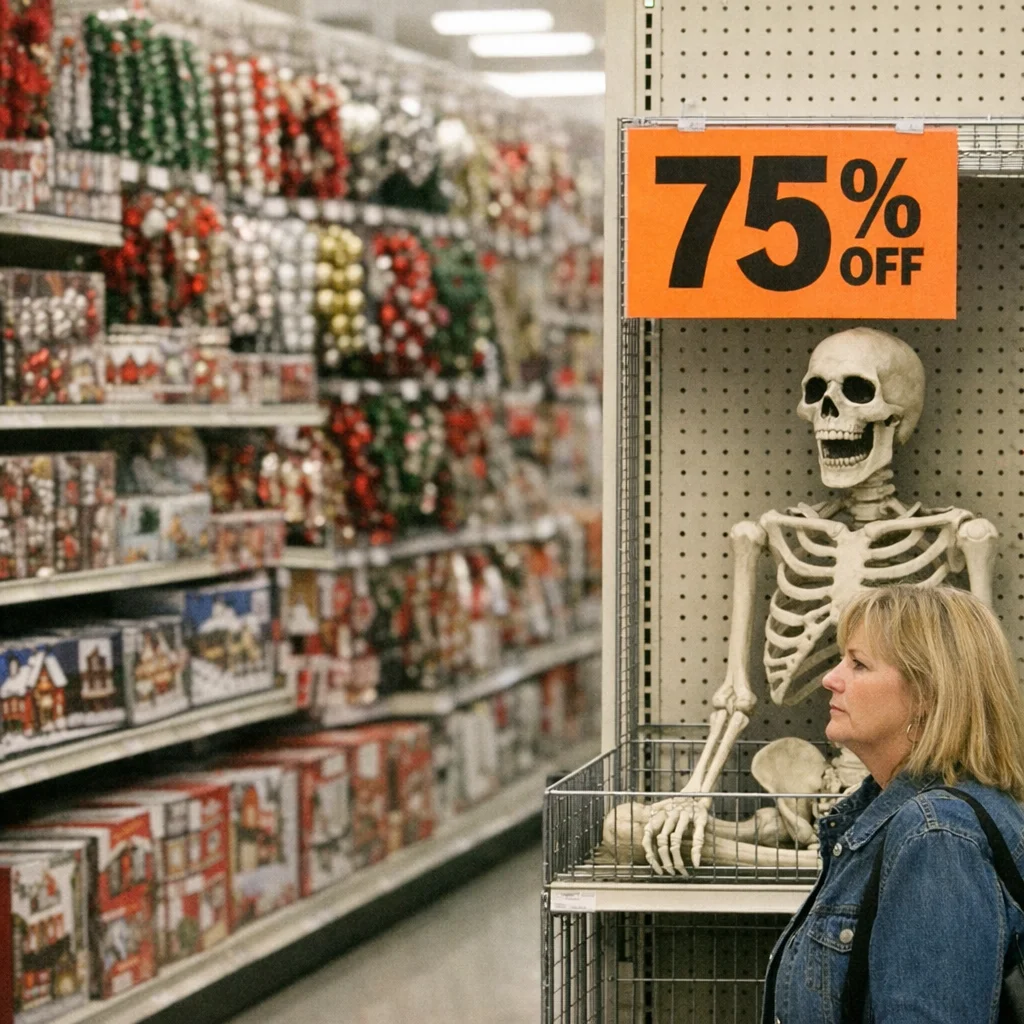Craft store interior. Left half of aisle: Christmas ornaments and garland. Right half of same aisle: a single remaining foam skeleton on clearance. Price tag visible: 75% OFF.