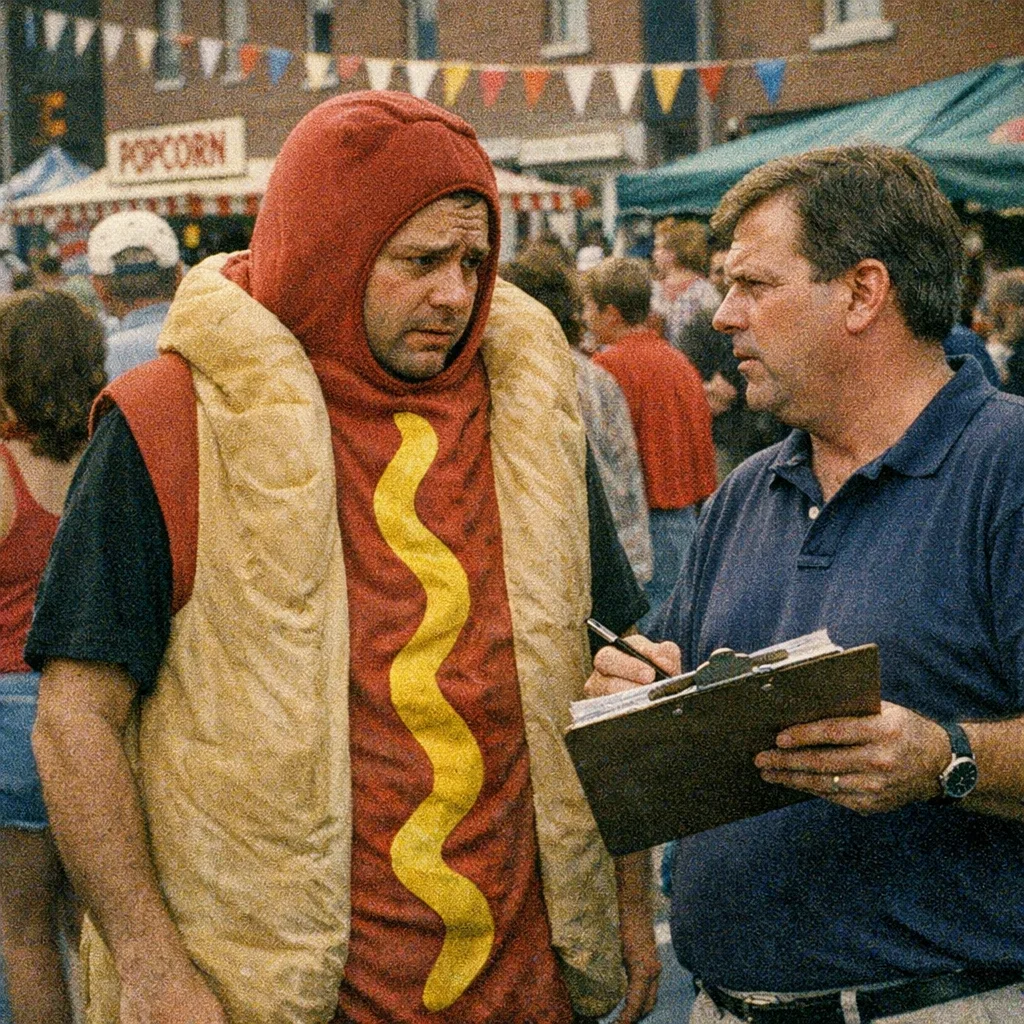 A man in a hot dog costume has a serious, candid conversation with a confused-looking festival organizer who is holding a clipboard.
