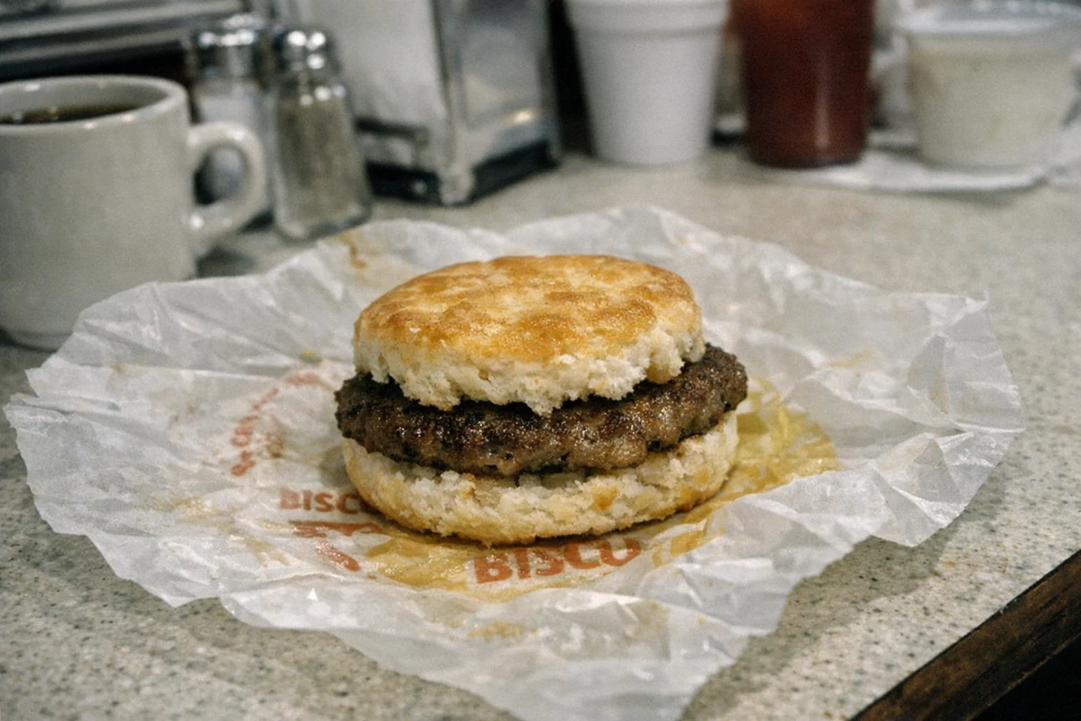 Sausage biscuit on white paper wrapper, fast food restaurant interior, morning light through windows, one coffee cup