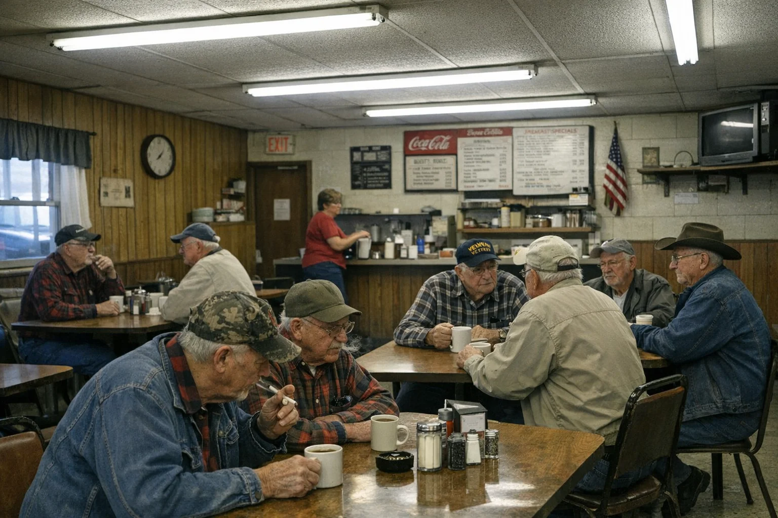 Fast food restaurant dining room, morning light, six tables occupied by older adults in pairs and groups. Coffee cups on every table. One man reads a folded newspaper.