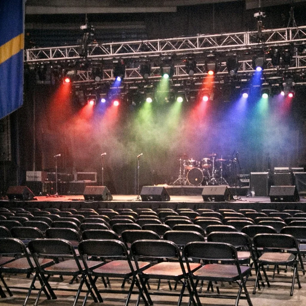 Empty college arena stage, concert lighting rig visible overhead, folding chairs arranged in rows in front of the stage. No performer present. A JSU banner is partially visible at the left edge of the frame.