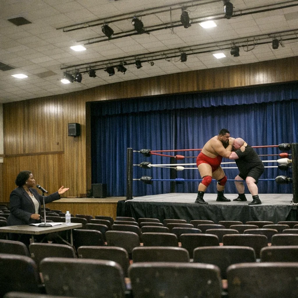 Press conference at the Anniston High School Performing Arts Center. Knox Foundation board chair stands at a folding table with a microphone while two wrestlers perform a demonstration hold in the ring behind her.