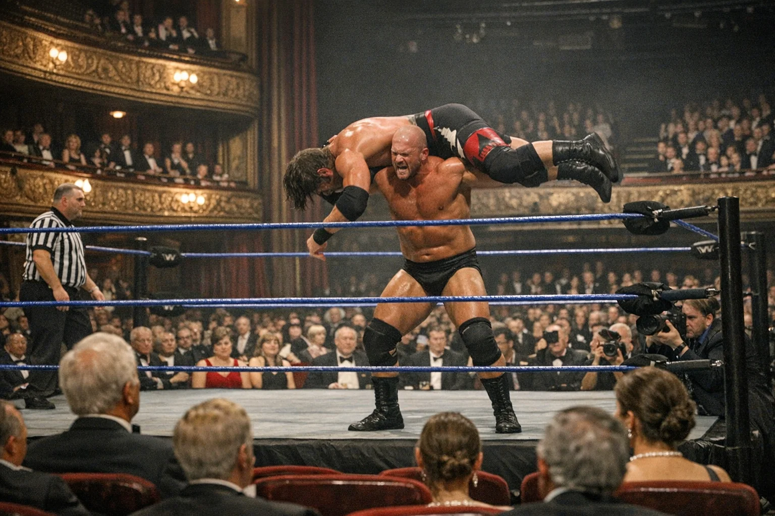 Two professional wrestlers mid-match on the stage of the Anniston High School Performing Arts Center, blue curtains behind them, rows of mostly empty auditorium seats visible.