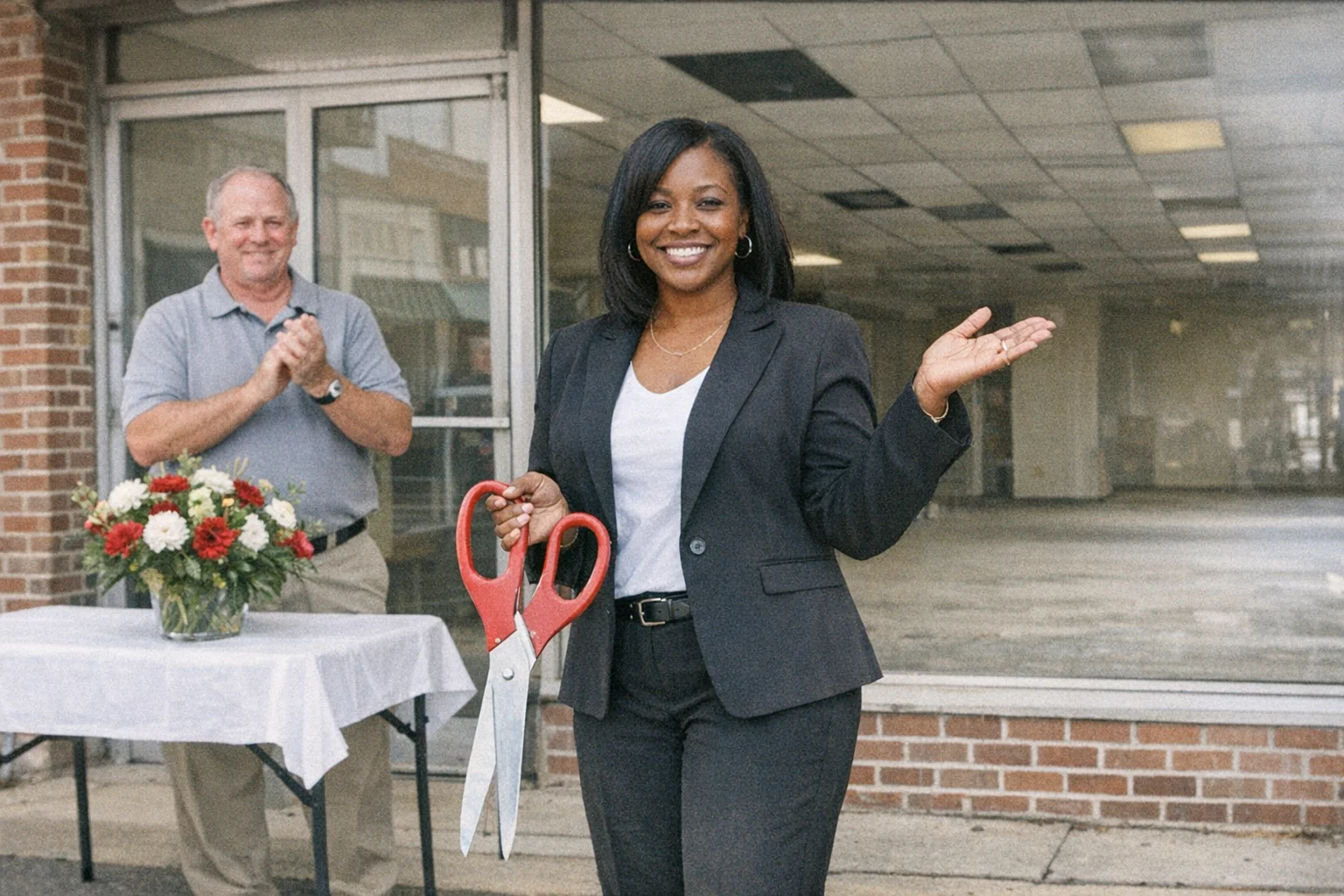 Main Street Anniston director Dorothy Finch at a ribbon cutting on Noble Street. The storefront behind her is vacant.