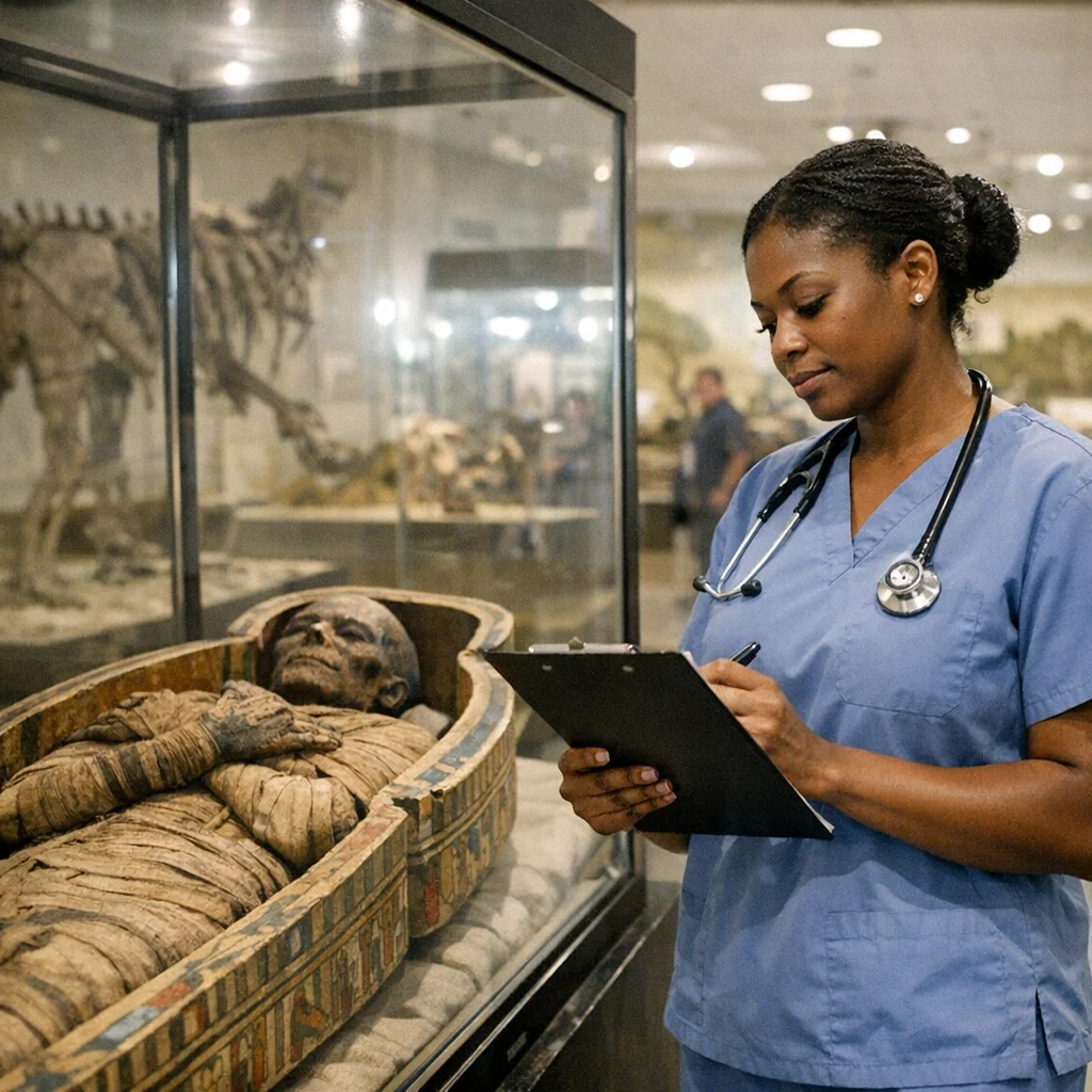 A doctor in scrubs and stethoscope reviews a clipboard beside the museum's Egyptian mummy display case