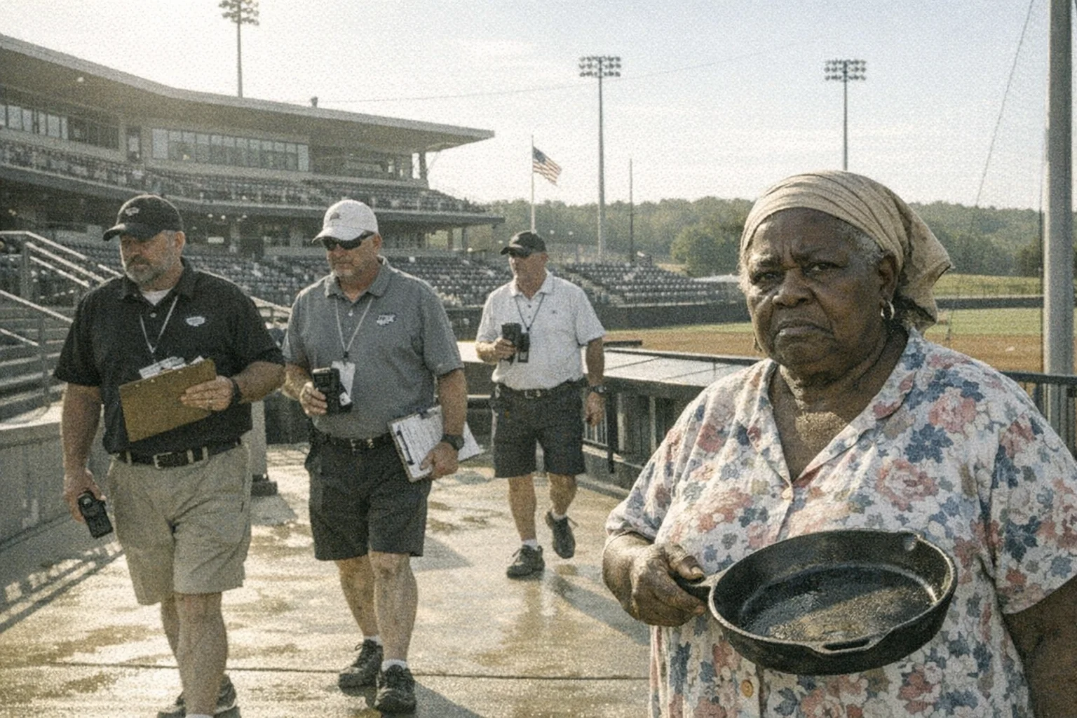 An enormous, gleaming softball stadium in rural DeKalb County. Stone-faced men in golf shirts carry clipboards and laser rangefinders. A grandmother in a floral housecoat stands in the foreground holding a cast-iron skillet. She looks unimpressed.