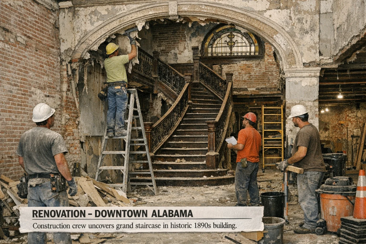 Interior of a historic building under renovation. A grand wooden staircase emerges from behind removed drywall. A construction worker in a hard hat stands at the base looking up. Dust in the air.