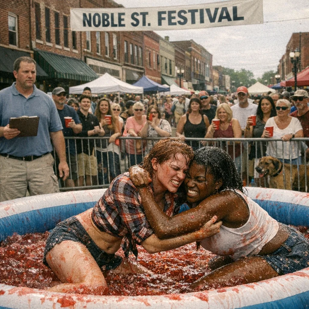 Two women mid-grapple in a large plastic kiddie pool filled with red gelatin on Noble Street in downtown Anniston. A city official holds a clipboard at the left edge of the frame. Festival crowd visible behind metal barriers.