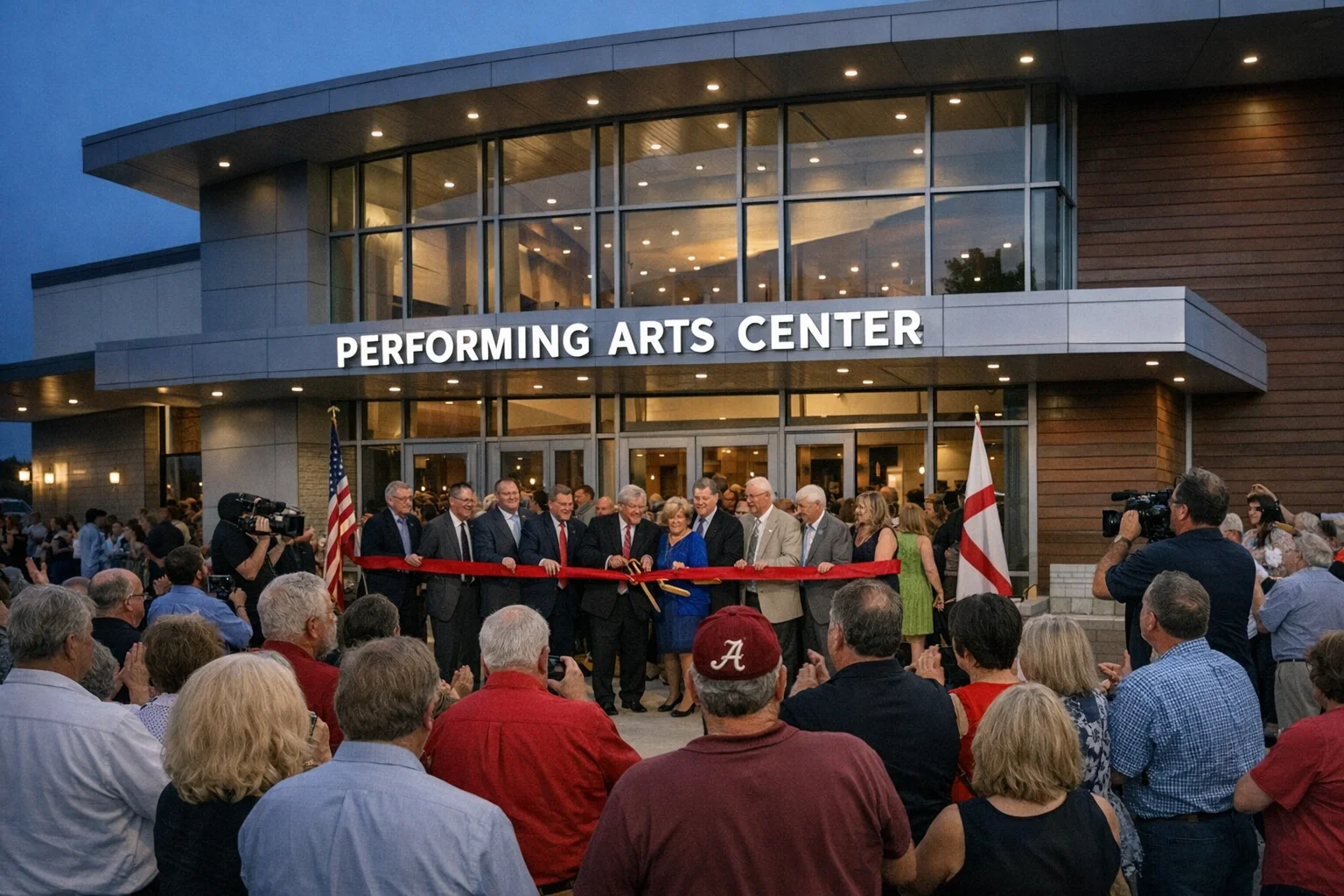 Performing arts center exterior at dusk, modern architecture, two flags on poles. In background: older brick building with marquee visible.