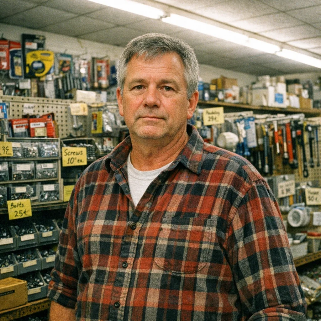 Hardware store owner standing in front of shelving with fasteners and tools, Oxford, Alabama