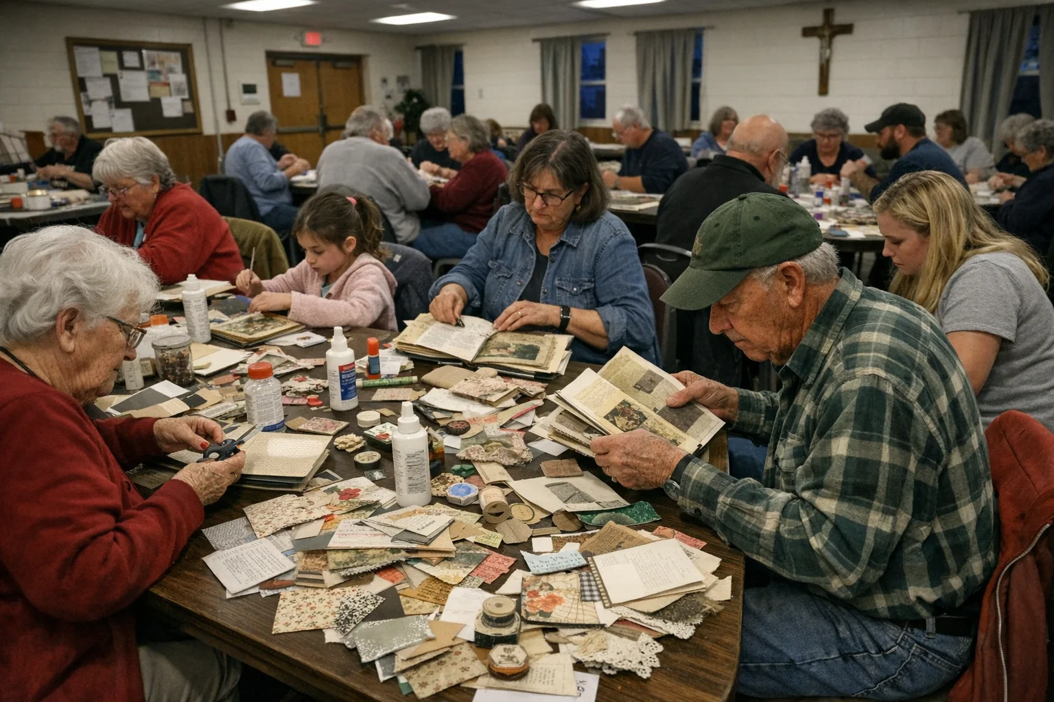 Folding table at a civic center, covered in paper scraps, scissors, tape dispensers, cardboard pieces, and magazine clippings. A white woman in her fifties examines a piece of brown paper bag with mild concentration. Fluorescent lighting overhead.