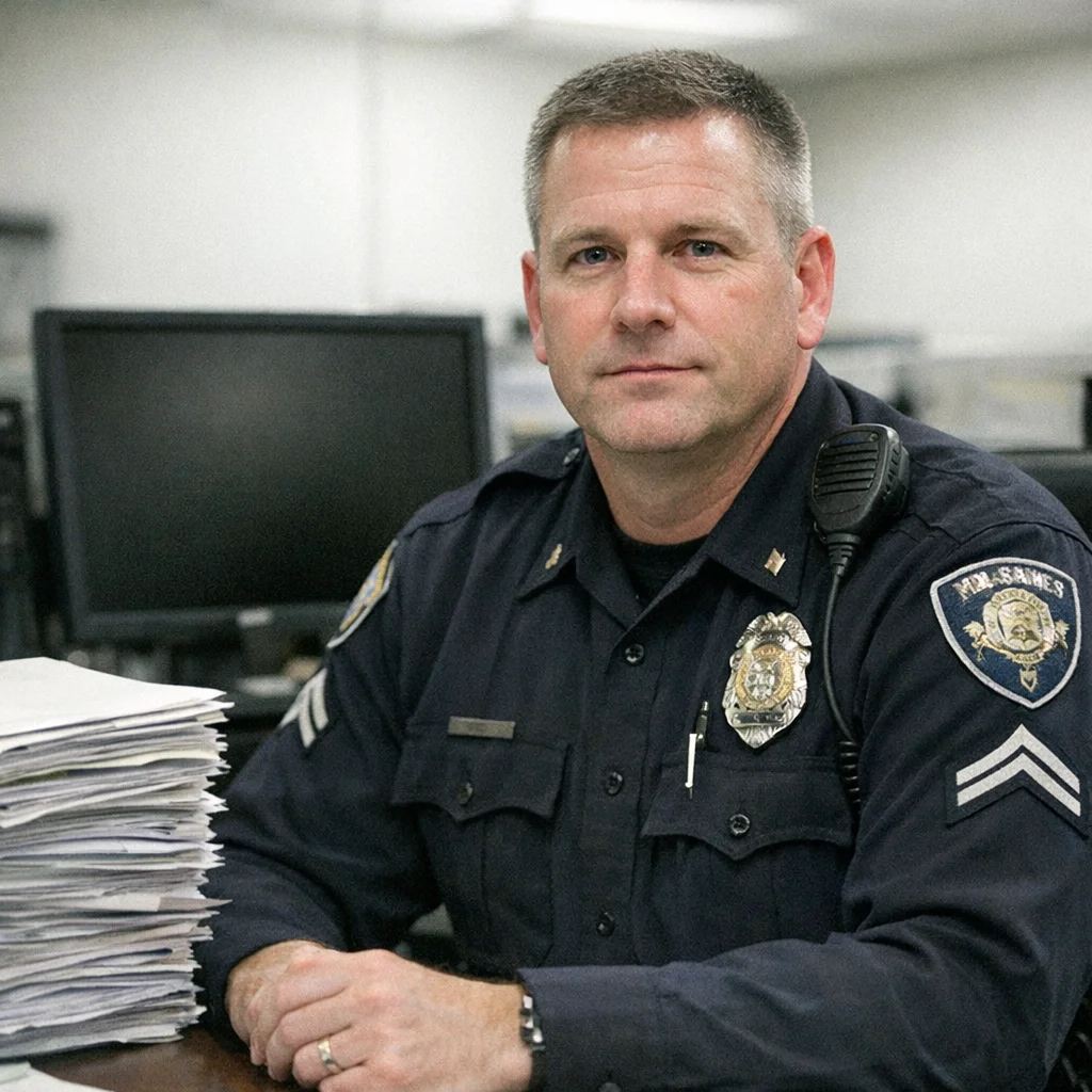 Piedmont police officer seated at a desk, uniformed, looking directly at camera. A thick stack of papers is visible to the left. The office is fluorescent-lit.