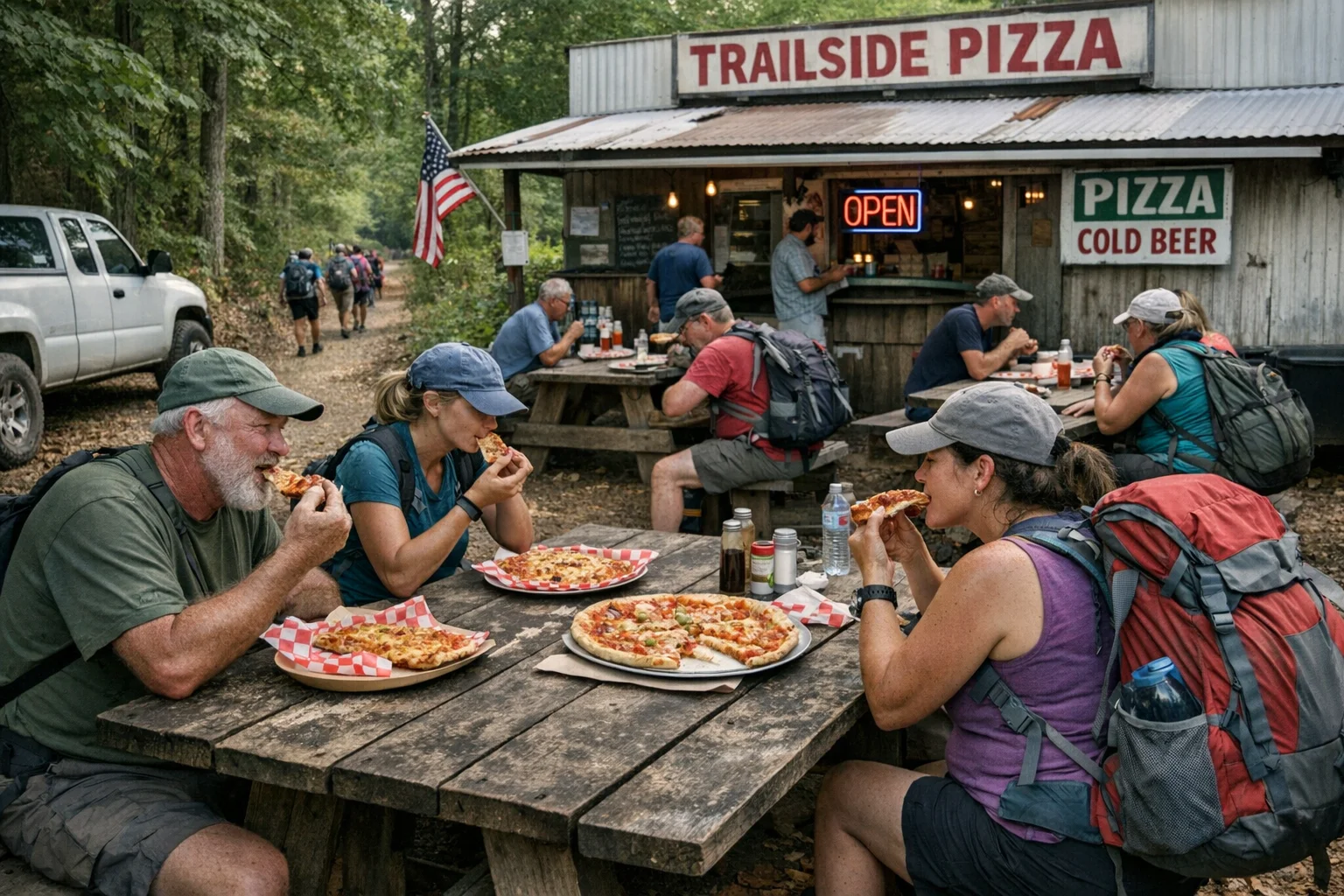 Trail hiker in cycling gear stands at a pizza restaurant counter, slightly confused. Handwritten menu board behind the counter. Chief Ladiga Trail visible through the front window.