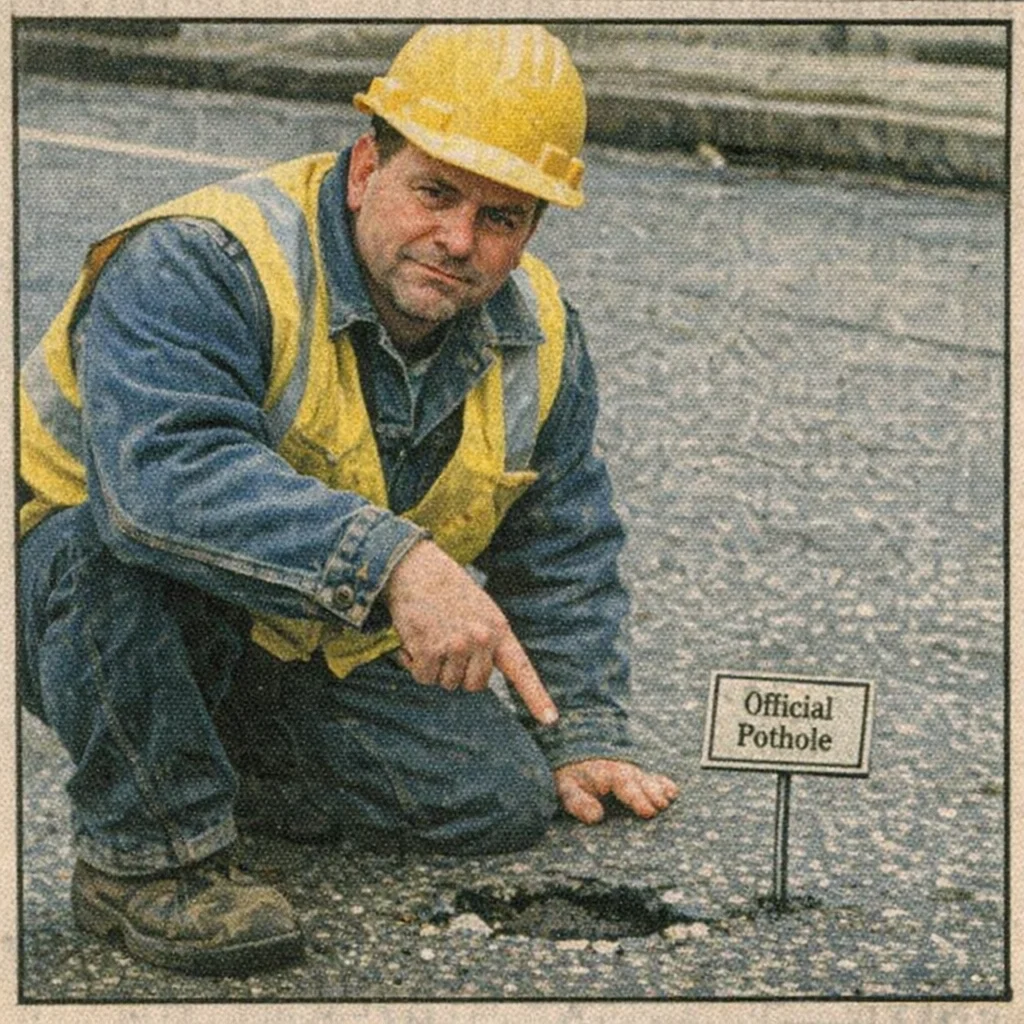 A city worker in a yellow safety vest kneels proudly next to a small pothole, pointing to it as if it were a major accomplishment. A tiny, official-looking sign is staked next to it.