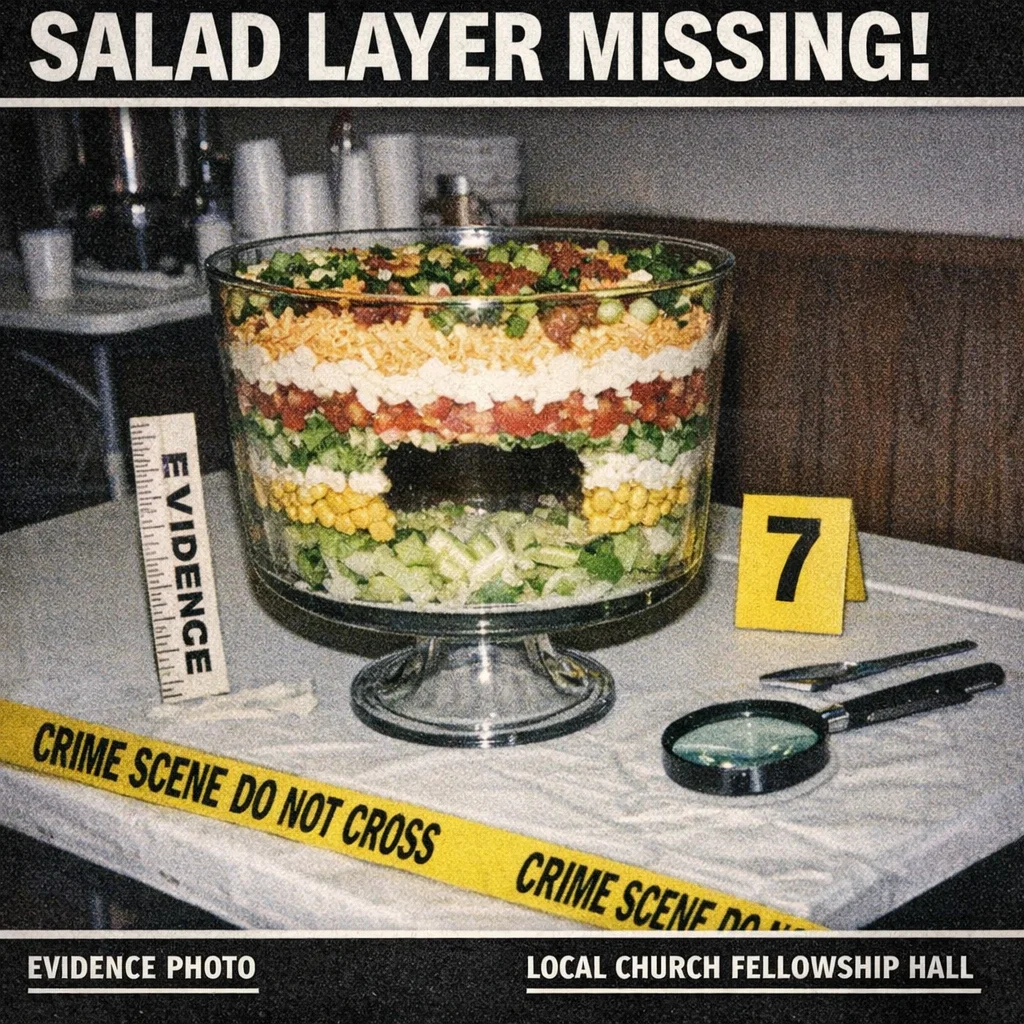 A seven-layer salad in a glass trifle bowl, shot with a harsh flash. It appears to be missing a layer, and is presented as if it's forensic evidence.