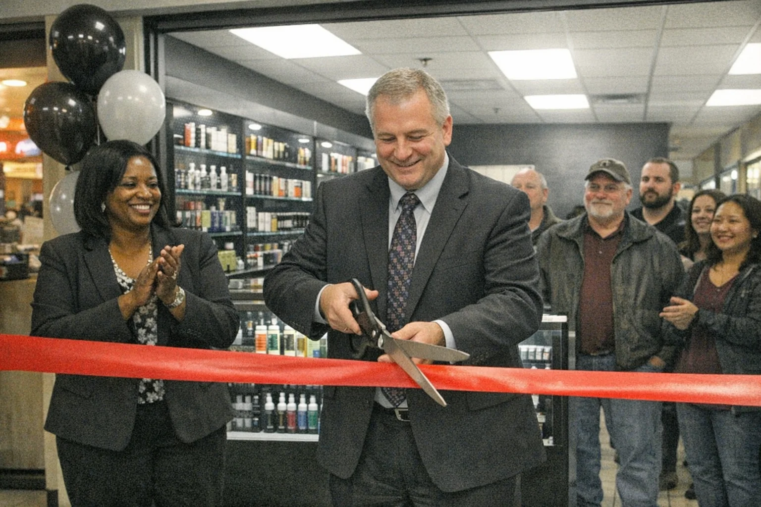 Ribbon cutting for Quintard Vape Vault, the fourth vape retailer inside Quintard Mall. Two additional vape shops visible in background corridor.