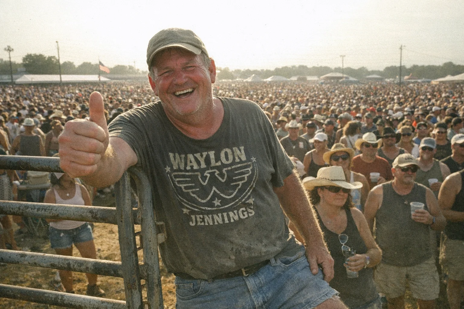 A sun-scorched man in a faded Alabama t-shirt and jean shorts stands outside a cattle gate in ninety-degree heat. His right hand is extended outward in a frozen thumbs-up. A crowd of several thousand fans stretches behind him in every direction. He looks genuinely happy.