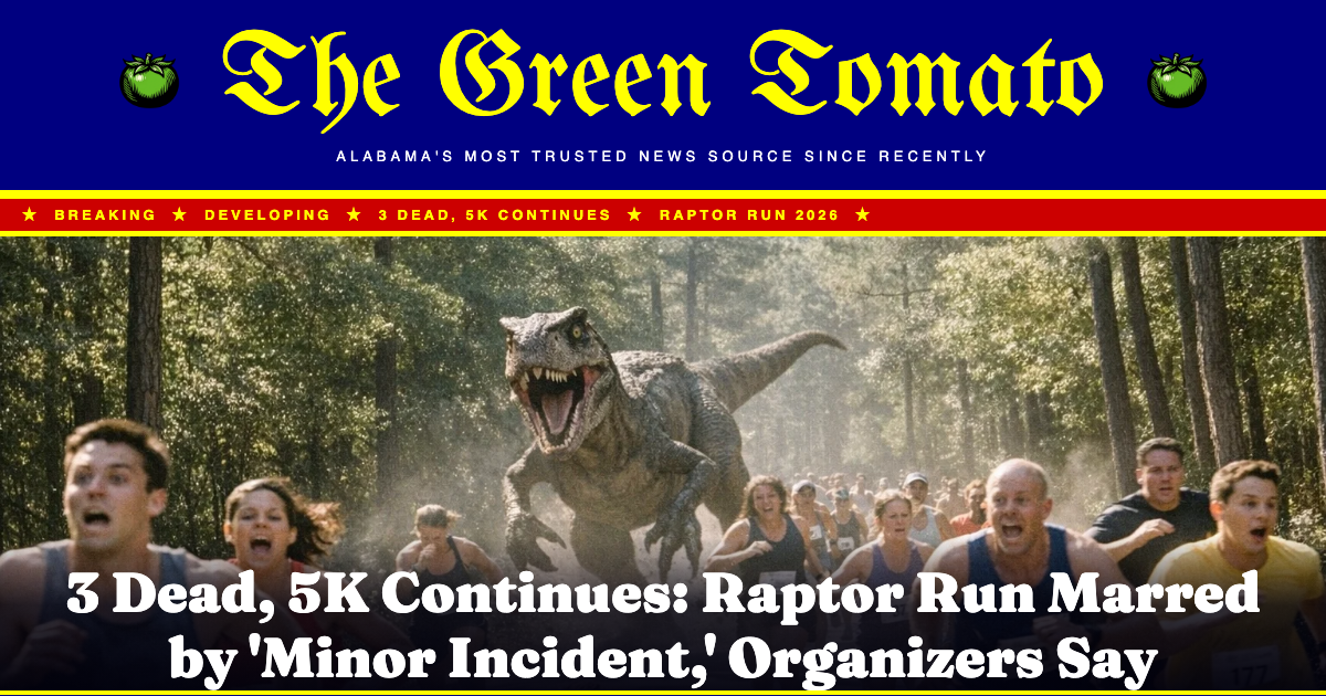 Runners flee along a wooded trail at the Anniston Museum Raptor Run 5K