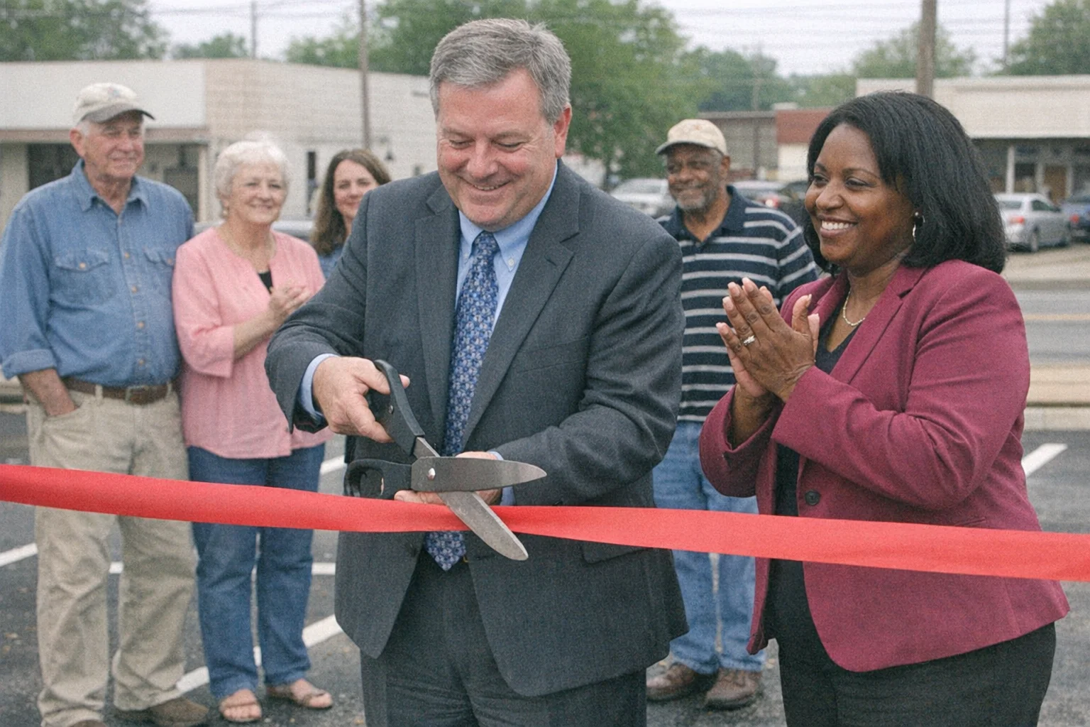 Ribbon cutting ceremony, Noble Street parking lot, Anniston. The photograph that won the Alabama Press Association award.