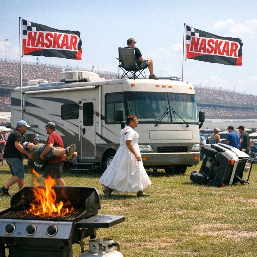 Wide shot of the Talladega Superspeedway infield during race weekend. RVs and pickup trucks packed in rows, flags flying, generators visible, small figures moving between vehicles in the foreground.