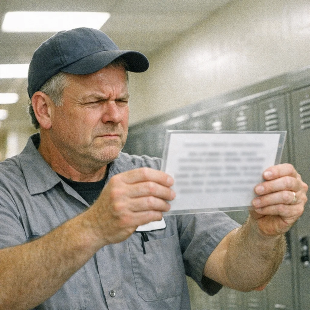 A school custodian in his fifties holds a laminated sign at arm's length, squinting at the text. He is standing in a school hallway with lockers visible behind him. The text on the sign is not legible at this distance.
