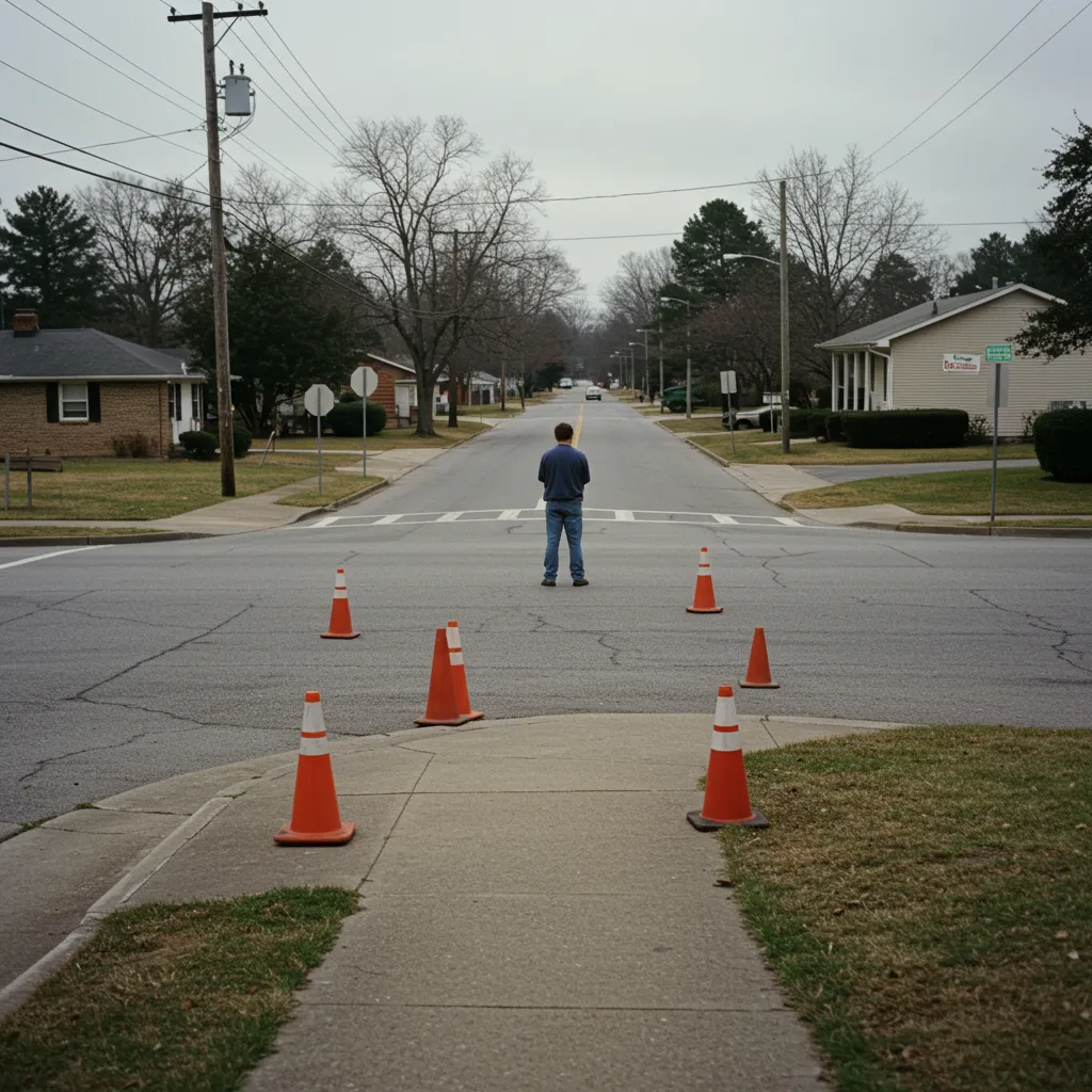 A man stands motionless on a street corner, surrounded by four orange traffic cones.