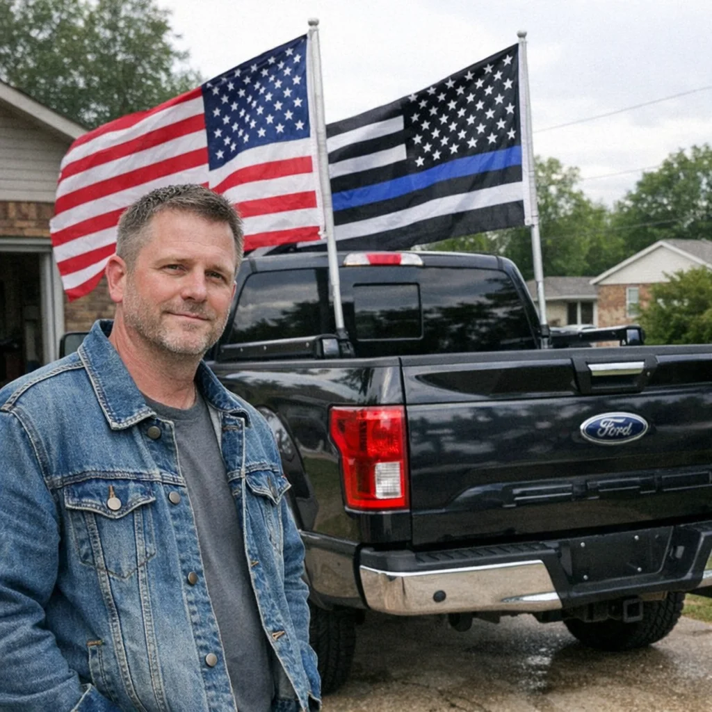 Man standing next to pickup truck with American flag and thin blue line flag mounted on bed rails, Jacksonville, Alabama