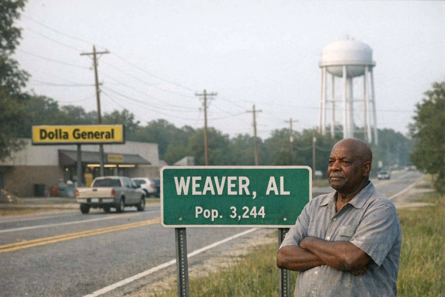 Weaver, Alabama city limits sign. Population 3,244. The city is located between Anniston and Jacksonville. This has been the case since 1945.